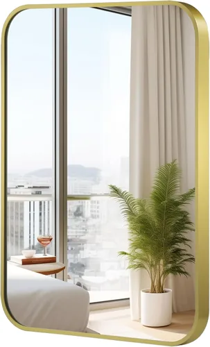 Vista 10 de Espejo de pared negro de 16 x 24 pulgadas para baño, espejo con marco de metal cepillado con esquina redondeada, espejo rectangular de tocador