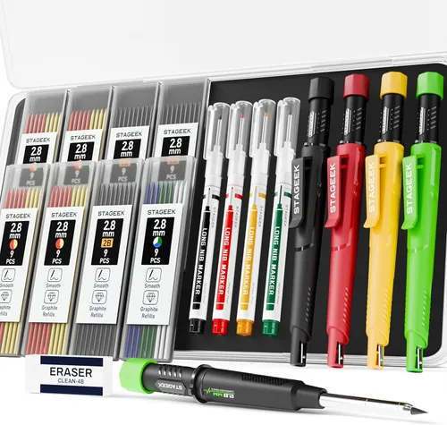 Vista 11 de STAGEEK Lápiz de carpintero con sacapuntas, lápices mecánicos de carpintero con 19 repuestos, lápiz de construcción, herramientas de carpintería