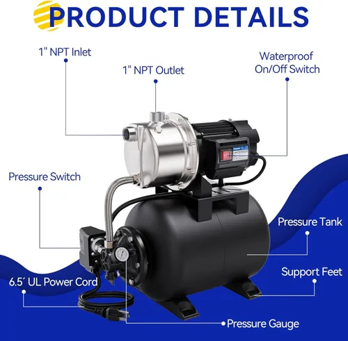 Vista 4 de Acquaer Bomba de pozo poco profundo de 1.6 HP con tanque de presión, de acero inoxidable, de 1320 GPH 115V para riego, bomba de chorro de impulso