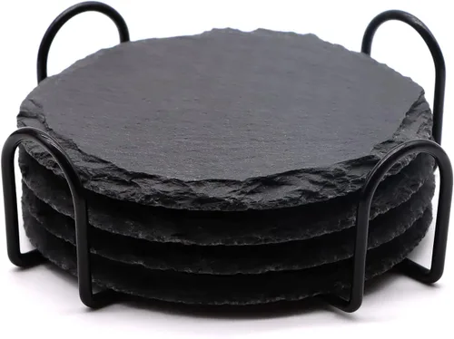 Juego de 4 posavasos redondos de pizarra para bebidas, 4 pulgadas, grabado láser, posavasos de piedra de pizarra negra con parte inferior