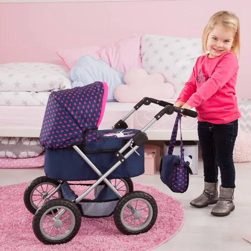 Vista 6 de Bayer: Cochecito de moda – azul, rosa, corazones, incluye bolsa de hombro, se adapta a muñecas de hasta 18 pulgadas, mango ajustable, juego