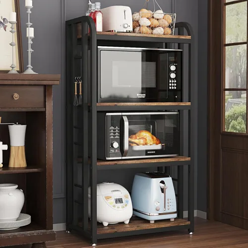 Soporte para horno microondas con almacenamiento de 4 niveles, soporte independiente para horno microondas con barra de café, estantes ajustables de