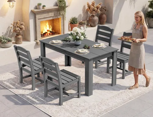 Vista 14 de SERWALL Juego de comedor HDPE para 4, juegos de comedor al aire libre para 4 personas con 1 orificio para sombrilla, mesa rectangular y 4 sillas