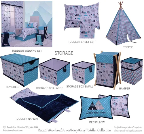 Vista 7 de Bacati Woodlands - Cesta plegable de algodón para niños, color aguamarina/gris