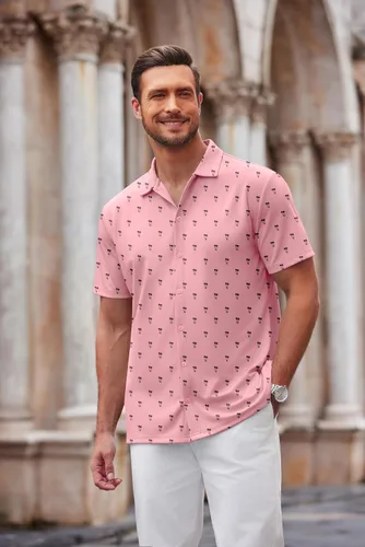 Vista 18 de COOFANDY Camisa casual con botones para hombre, manga corta, sin arrugas, camisa de verano