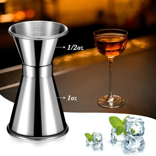 Vista 2 de Hoteam 9 piezas de acero inoxidable Jigger para bartending 1 y 1/2 oz cóctel Jigger Shot taza medidora 0.5 fl oz y 1.0 fl oz estilo japonés doble