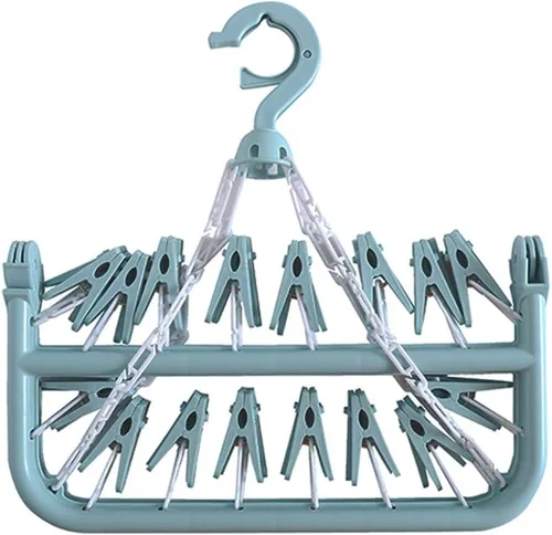Vista 3 de Percha para secar ropa con 32 pinzas y estante plegable para colgar (Azul Claro)