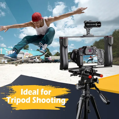 Vista 3 de Zeadio Jaula de Soporte para Cámara de Video, Kit de Filmación de Aleación de Aluminio con Mango Superior y Base Tipo Arca y Dos Guías de Varilla