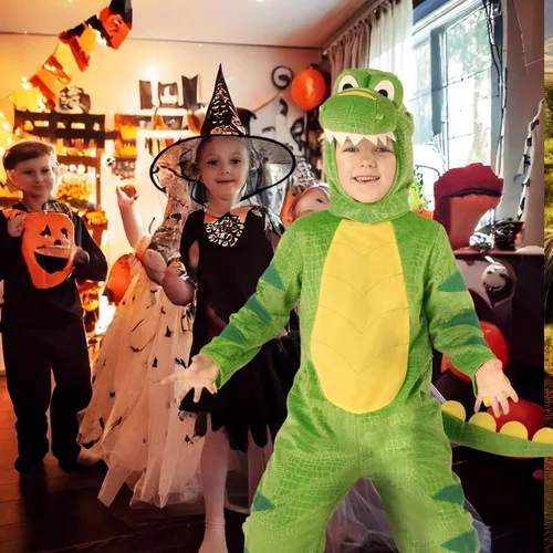 Vista 4 de Morph Disfraz de dinosaurio verde para niños, disfraz de T-Rex con piescola adjuntos, traje de dinosaurio de calidad