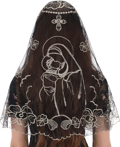 Bozidol Chapel Veils Catholic Mass Mantilla - Virgen y Niño Bordado Encaje Triángulo Cubiertas de Cabeza Velo Floral Iglesia