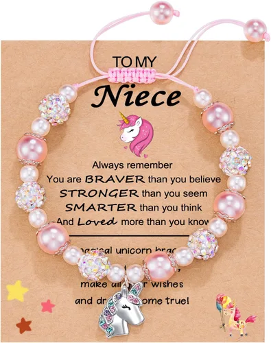 HGDEER Valentines Day Gifts for Little Girls Unicorn Bracelet for DaughterGranddaughterNiece Pink Pearl and Rhinestone Balls Bracelet Adjustable