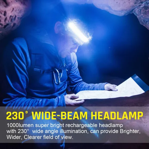 Vista 2 de linterna LED recargable USB con luz de 1000 lúmenes, haz amplio de 230°, luz roja trasera, luz de diadema superbrillante, linternas impermeables