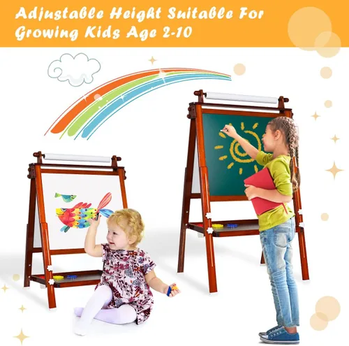 Vista 3 de Caballete artístico para niños, caballete de madera de doble cara con rollo de papel, caballete magnético con pizarra blanca y pizarra, letras