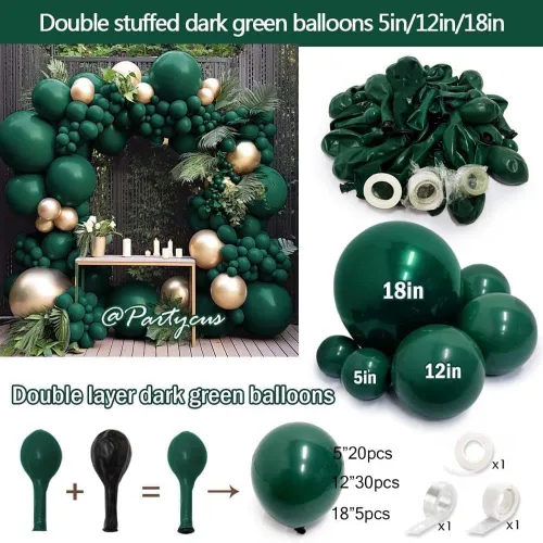 Vista 3 de Kit de arco de guirnalda de globos de color verde oscuro, globo de látex verde esmeralda de diferentes tamaños, 18, 12, 5 pulgadas, para cumpleaños