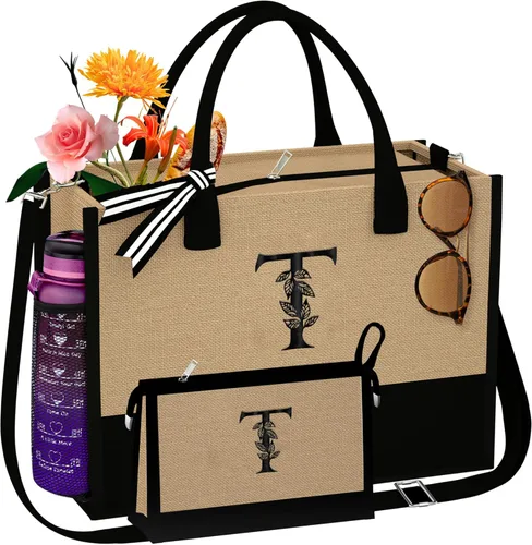 AUNOOL Initial Tote Bag and Makeup Bag Canvas Beach Bag Personalized Birthday Gifts Bridesmaid Gifts