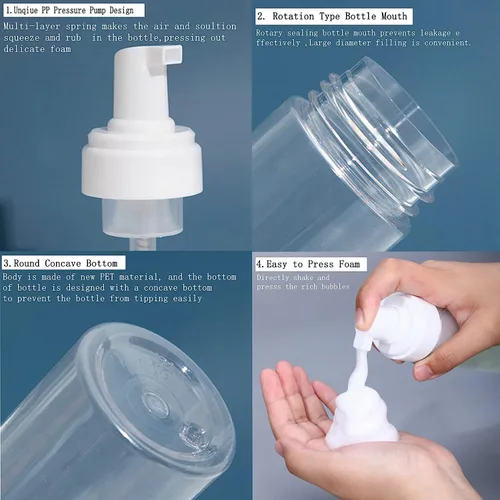 Vista 4 de Botella dispensadora de espuma, 3 botellas vacías transparentes de 7 onzas líquidas, botella de espuma de plástico, botella de jabón de viaje