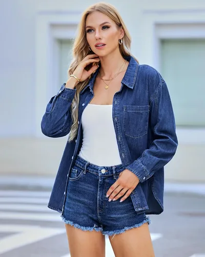 Vista 9 de luvamia Camisa de mezclilla para mujer, con botones, cuello vaquero, manga larga, ligera, bolsillo occidental