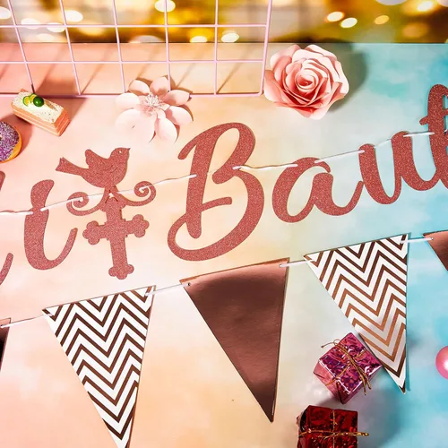 Vista 3 de Mi Bautizo Banner para pastel con purpurina cruzada triangular, pancarta de bautizo rosa, telón de fondo para decoración de primera comunión