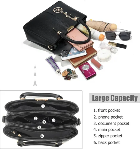 Vista 5 de Bolso y bolsos de mano para mujer, 3 compartimentos con cremallera, bolso de mano de diseñador con asa superior