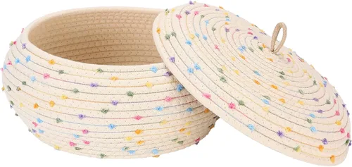 Vista 26 de Sea Team Cesta de almacenamiento redonda de cuerda de algodón con tapa, cesta de almacenamiento tejida con pompones de arcoíris coloridos, maceta