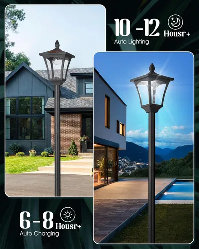 Vista 2 de 70 "poste solar al aire libre, poste de lámpara solar LED impermeable IP65, poste solar para jardín, césped, camino, entrada, luz blanca Negro
