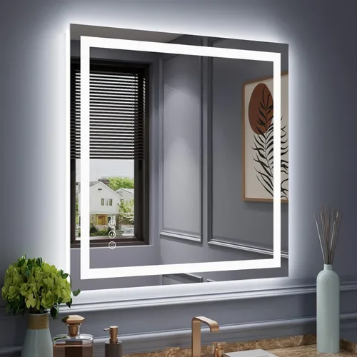 Vista 57 de Amorho Espejo de baño LED de 40 x 36 pulgadas con marco negro, luz frontal y retroiluminación (controlado por separado), regulable continuo