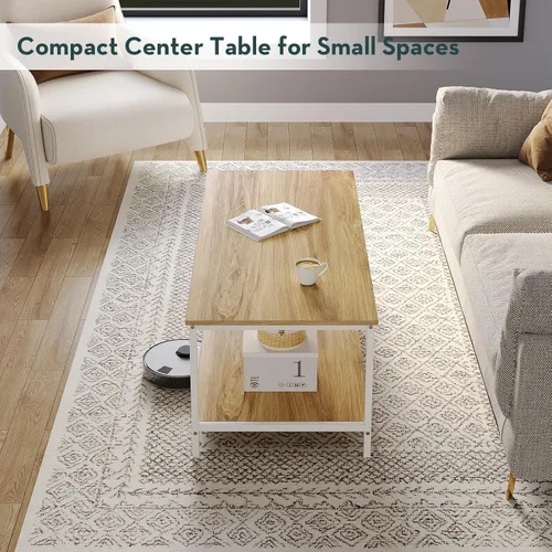 Vista 4 de SAYGOER Mesa de centro con almacenamiento de 2 niveles, mesa central industrial para sala de estar, mesa de madera rectangular para espacios Beige