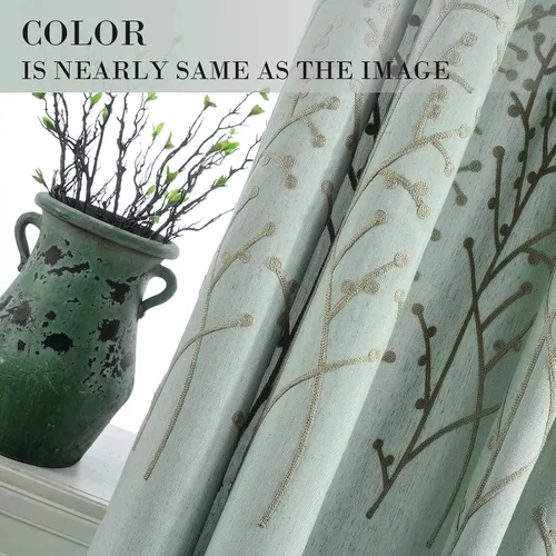 Vista 3 de Vogol - Cortinas de 2 paneles con ramas bordadas de lino sintético con ojales, cortinas para dormitorio y sala de estar, cortinas de ventana