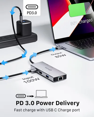 Vista 6 de USB C HUB HDMI 4K @60Hz, estación de acoplamiento 8 en 1, adaptador USB C multipuertos con Gigabit Ethernet, PD 100W, 3* USB 3.0, TF/SD, USB C Dock