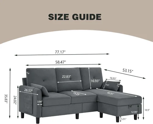 Vista 2 de Sofá modular convertible de 77 pulgadas, sofá en forma de L de 3 plazas con otomana, moderno sofá tapizado de lino para sala de estar, apartamento
