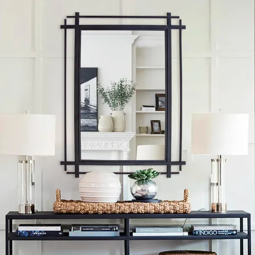 Espejo de baño negro con marco de metal, espejos grandes de sala de estar de 36 x 24 pulgadas para decoración, espejo decorativo moderno para