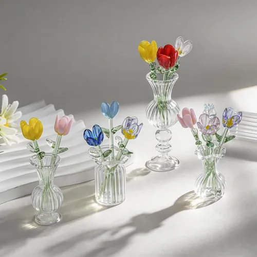 Vista 5 de 12 piezas de mini figuras de flores de vidrio sopladas a mano ramo de Multicolor 1