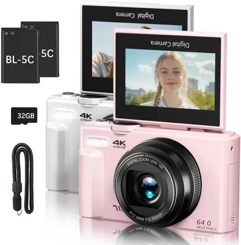 Cámara digital 4K para fotografía, cámara de vlogging de 64 MP para YouTube con pantalla abatible de 180 ° de 3 pulgadas, zoom digital 18X y cámara