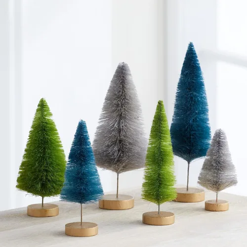 Vista 2 de Juego de 6 árboles de cepillo para botellas, decoración del hogar con acento verde y gris, estantería de bosque de invierno, acento navideño azul