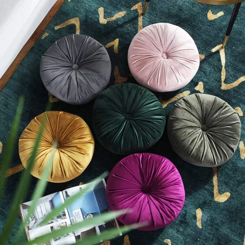 Vista 3 de TRRAPLE Almohadas redondas, cojín de terciopelo de calabaza, almohada redonda plisada decorativa para el hogar, para sofá, cama, sala de estar