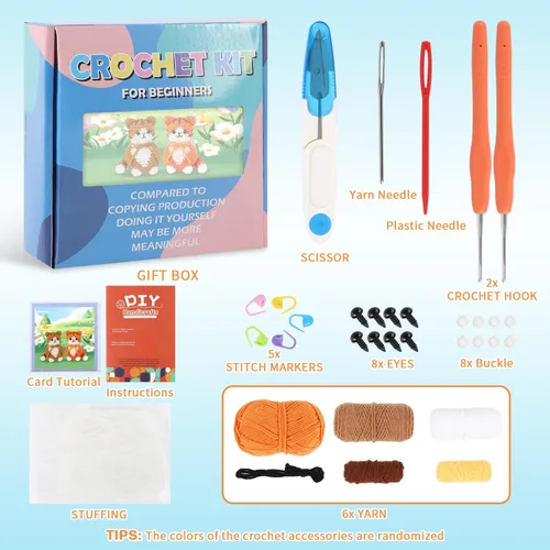 Vista 2 de StryWiin Kit de ganchillo para principiantes, kit de 2 piezas de animales de ganchillo para gatos con tutoriales en video paso a paso, kit