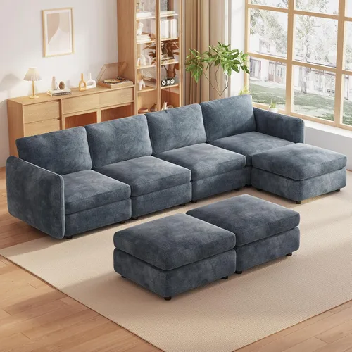 Vista 68 de Guyii Sofá modular de terciopelo, moderno sofá de 4 plazas de gran tamaño con 3 almohadas y reposapiés de almacenamiento, sofá convertible de 115.74