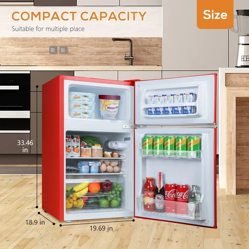 Vista 3 de Antarctic Star Mini refrigerador compacto con congelador separado, 3.1 pies cúbicos, nevera pequeña doble de 2 puertas, ajustable, extraíble, retro