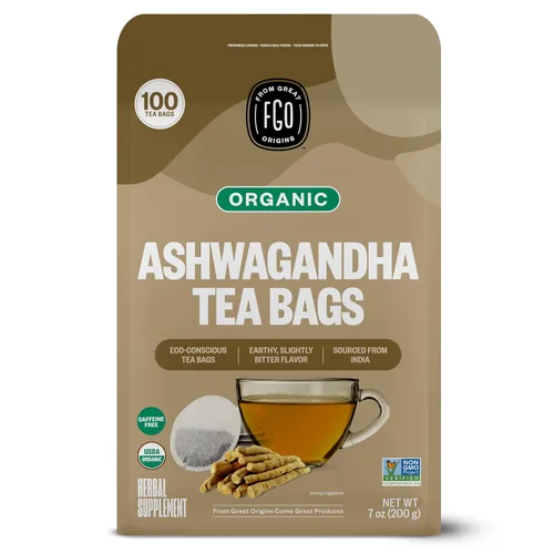 FGO Té orgánico de Ashwagandha, 100 unidades, bolsitas de té de hierbas ecológicas, bolsa resellable, sin cafeína, el embalaje puede variar (Paquete