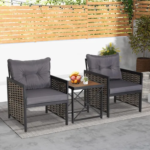 Vista 2 de Tangkula Juego de sillas de ratán de 3 piezas, sillas de mimbre para patio y mesa auxiliar, marco de metal resistente y mesa de madera de acacia