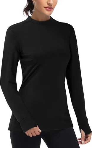 Fulbelle Camisas de correr de manga larga con cuello alto falso para mujer, con agujeros para los pulgares, capa base para clima frío Negro