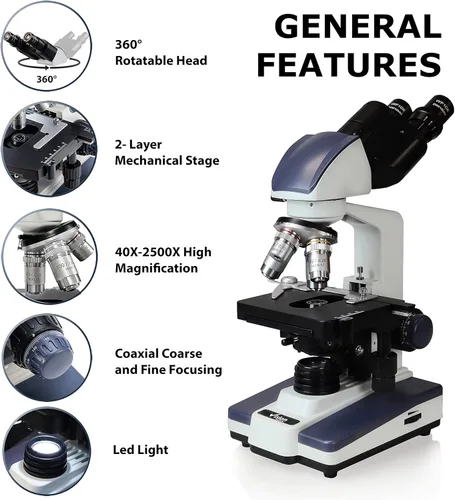 Vista 2 de Vision Scientific Microscopio compuesto binocular Siedentopf VS-60B-RC, aumento 40X-2500X, oculares de campo ancho 10X y 25X, etapa mecánica
