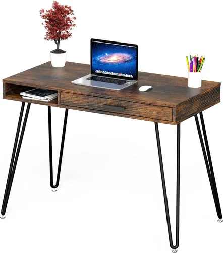 Vista 24 de SHW Escritorio de patas con horquilla para computadora de oficina en casa con cajón, color negro