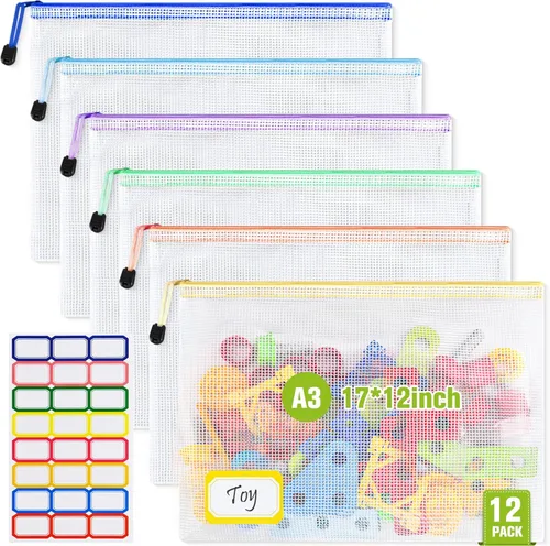 Vista 14 de Bolsa de malla con cremallera, 6 bolsas de malla de plástico impermeable con cremallera, bolsa de documentos tamaño A3, bolsas de archivos