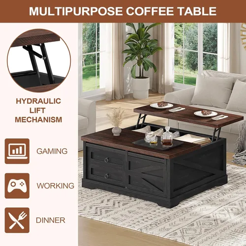 Vista 6 de Itaar - Mesa auxiliar de 39.4" con tablero de elevación y almacenamiento, mesas de café de estilo granja para sala de estar, mesa de café cuadrada