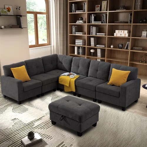 Vista 10 de Sofá modular de 4 asientos con otomana de almacenamiento, juego de muebles de sala de estar en forma de L y U para espacios pequeños, espuma