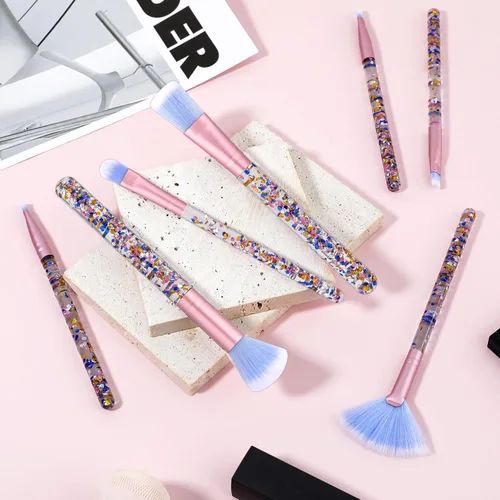 Vista 2 de Juego de 7 brochas de maquillaje, brochas de maquillaje con brillo de cristal, cepillo profesional para mezclar con mango de lentejuelas, lindo