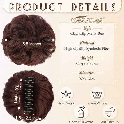 Vista 2 de BARSDAR Moño de pelo desordenado con clip de garra, moño desordenado y rizado, extensión de cola de caballo, extensiones de cabello sintético