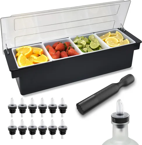 Vista 12 de Esatto - Porta condimentos para bar, bandeja de guarnición refrigerada con tapa para bar, 4 insertos de 1/2 pinta, con 12 vertedores para botellas