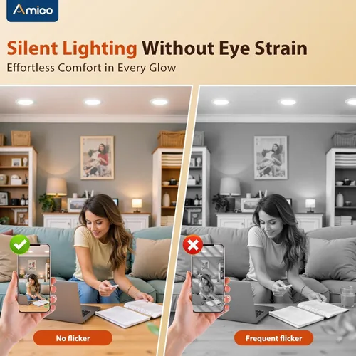 Vista 4 de Amico Paquete de 12 luces LED empotrables 3CCT de 4 pulgadas, regulable, clasificación húmeda, 9 W = 60 W, 650 lm luces de lata con borde deflector